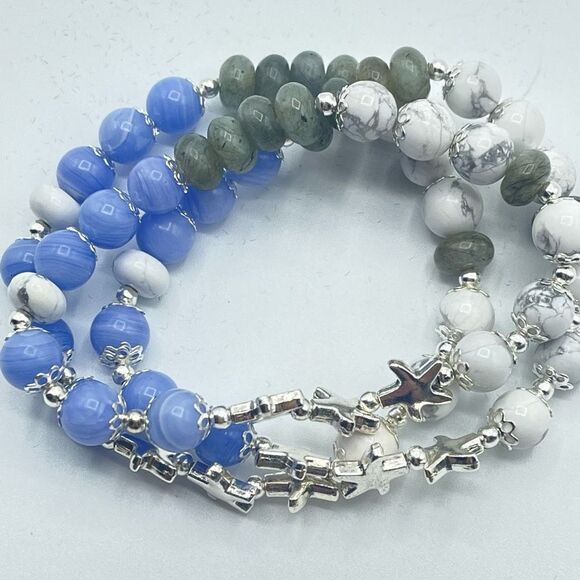 Starfish ocean beaded stretch bracelet ONE NEW blue lace agate howlite labradori - Picture 3 of 7